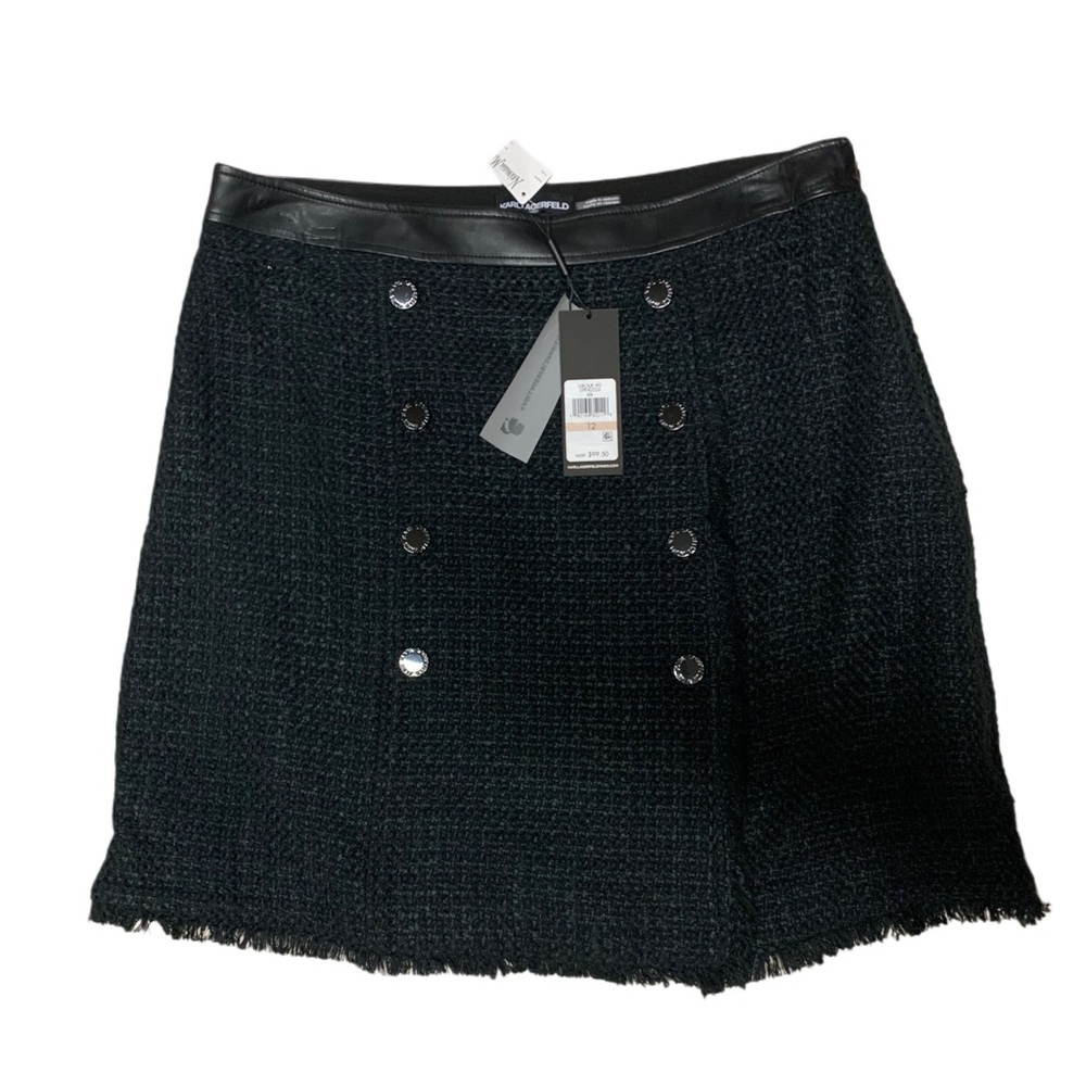 Karl Lagerfeld Black Tweed Mini Skirt with Faux Leather Waistband NWT